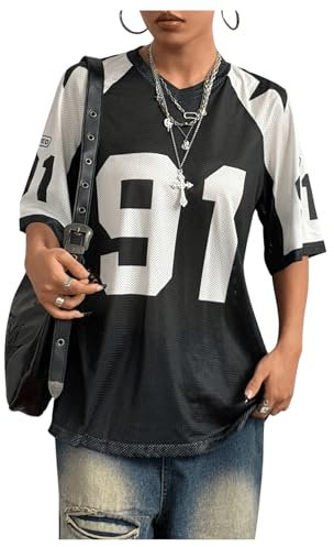 GORGLITTER Women's Letter Graphic Colorblock Oversized T Shirts V Neck Half Sleeve Jersey Tops Black Medium