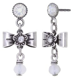 Konplott: pendelnde Ohrstecker Love, Hope and Destiny, niedliche Ohrstecker mit hängender Schleife und Kristallstein in milchigweiß, für Damen/Frauen