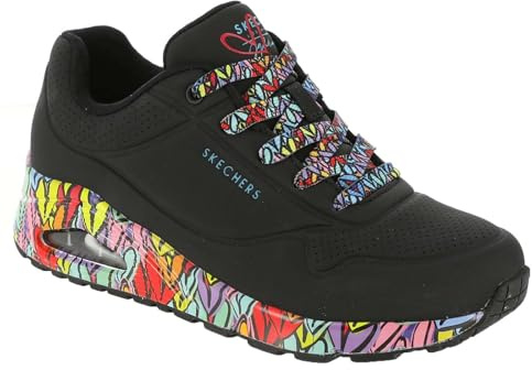 Skechers Damen UNO Ravaged Love Sneaker, Black Duraleather/Multi Trim, 39 EU