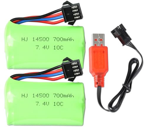 2PCS 7.4V 700mAh 10C RC Battery Pack with SM-4P plug and USB Charging Cable for RC Car Model Buggy RC Boat Truck RC Flatbed Semi-Trailer and Gel Blaster Battery