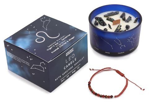Sternzeichenkerze mit Natursteinen und Armband aus Halbedelsteinen in Geschenkbox, Duftkerzen, Aromatherapie, originelles Geschenk zur Verbindung mit dem Sternzeichen (Löwe)