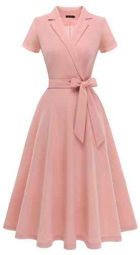 Meetjen Robe de cocktail vintage à manches courtes pour invitées de mariage, robe de thé à l'église, rose poudré, L