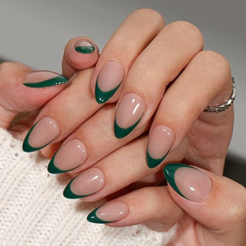 KQueenest French Tip False Nails with Glue, Dark Green Press on Nails Short Almond, Natural Nude Fake Nails Press ons Stiletto, Reusable Soft Gel Stick on Nail for Women, 30 Pcs