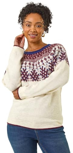 Roman Fairisle Jumper for Women UK Ladies Stretchy Winter Autumn Sweater Casual Knit Knitwear Knitted Pullover Comfy Soft Thick Lightweight Dinner Party Office Work - Ivory - Size 12