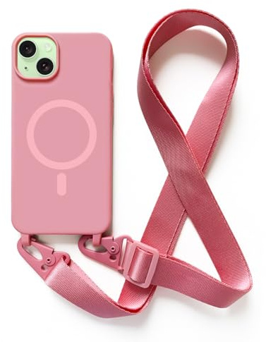 Jiyu Funda Magnética para iPhone 15 Plus 6.7 Silicona Carcasă con Cuerda Compatible con MagSafe Ajustable Colgante Collar Correa de Cuello Cadena Cordón Fundas Cover Case,Pink