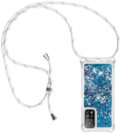 YAMCCCSE Handykette Hülle für Xiaomi Mi 10T / 10T Pro - Quicksand Glitzer Hülle mit Band - Silikon Handyhülle mit Kordel Umhängenband - Schnur mit Treibsand Case zum Umhängen, Blau