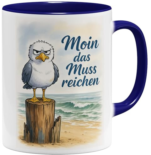 OM3® lustige Möwe Aquarell Kaffee-Tasse mit Spruch - Moin das muss reichen - Maritim Küste Norddeutschland - Keramik Becher - 325ml - Beidseitig Bedruckt - Dunkelblau