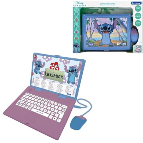 Lexibook, Disney Stitch, Ordinateur éducatif bilingue Italien/Anglais, Jouet pour Enfants avec 124 Activités et Jeux de Langue, Écriture, Mathématiques, Logique, Musique, Violet/Bleu, JC598Di5LXB
