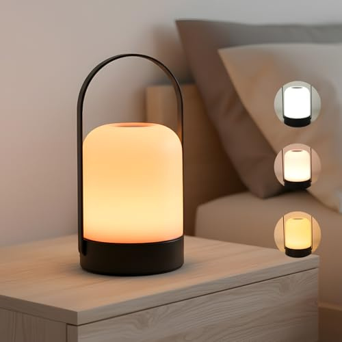 VKH Rechargeable Touch Night Light, 3 Color Dimmable LED Rechargeable Table Lamp, Portable USB Battery Bedside Lamp for Bedroom, Baby Room, Camping & Ambient Lighting (Black)