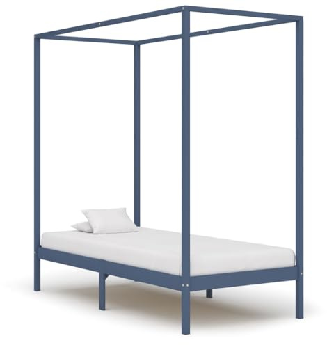QJBSAVVA Kiefer-Himmelbett 100x200 cm, grau, mit Vorhanghalter, 204x104x200 cm