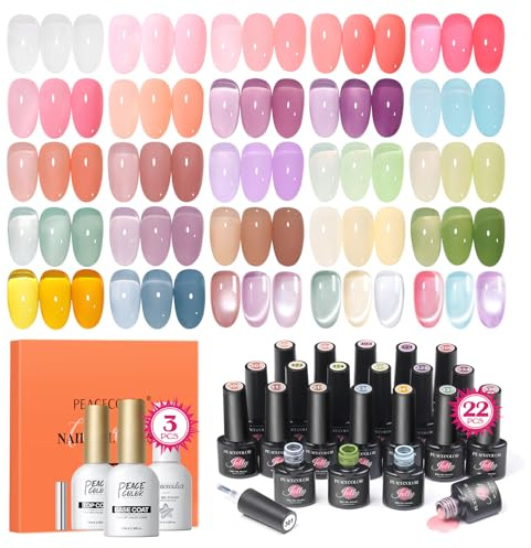 PEACECOLOR Jelly Nail Gel Polish Set with Cat Eye Nail Polish Base Top Coat | 22 Colors Crystal Ice Milky Pink Translucent Nail Polish, Silvery Cat Eye Nail Gel, Glossy Top Coat and Base Coat,Nail Art