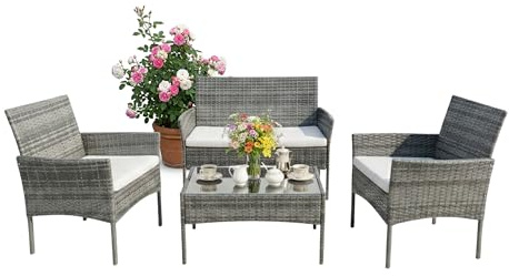 Relaxdays Gartenmöbel Set, 4-TLG. Rattan Sitzgruppe, 4 Personen, Bank, Sessel & Glastisch, Loungemöbel, Outdoor, grau