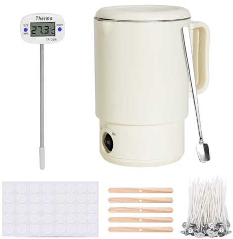 800ML Electric Wax Melting Pot, Candle Making Kits for Candle Making | 1X Thermometer, 1X Mixing Spoon,100X Wicks, 100X Stickers, 10X Stand, for Candle Making for Candle Making/Soap Base/Beeswax