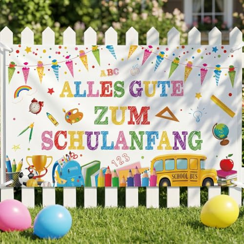 Einschulung Banner Weiß, 2026 Alles Gute Zum Schulanfang Girlande Deko | 180x110cm Schulanfang Hintergrund Deko für Kinder Mädchen Jungen, Schulkind Schuleinführung Deko, Festliche Schulstart-Deko