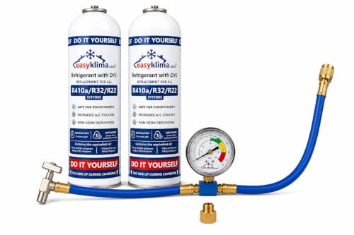 EasyKlima R410A R32 R22 2 x 400g/725ml Nachfüllset 2x Kältemittel mit Manometer & Adapter – Serviceschlauch für Split Klimaanlage & Wärmepumpe