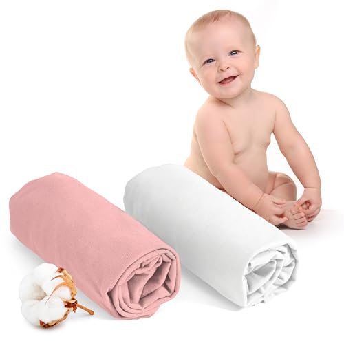 Dreamzie - Spannbettlaken 60x120 Baby 2er Pack - Baumwolle Oeko Tex Zertifiziert - Weiß und Rose - 100% Jersey Spannbettlaken 60x120cm