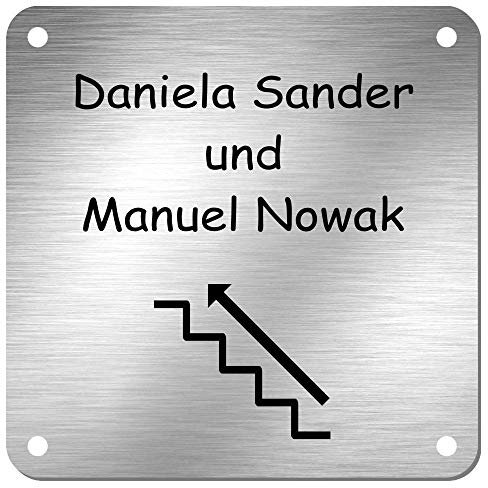 Edelstahl Türschild Namensschild Hinweisschild mit Treppe, Pfeil und individueller Laser-Gravur * Modell Sander (200 mm x 200 mm)