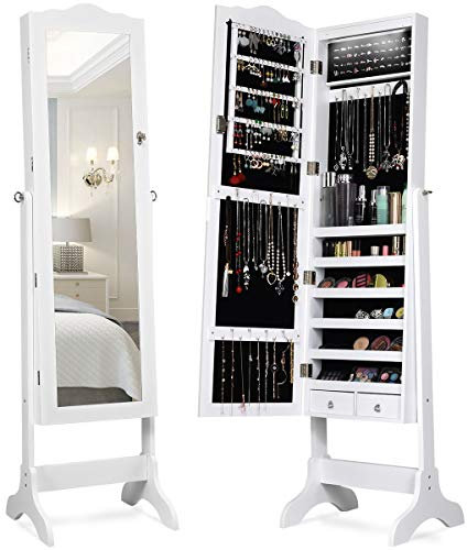COSTWAY Armoire à Bijoux sur Pied avec 14 lampes LED, Verrouillable, Réglable à 4 Angles avec 2 Tiroirs (Blanc)