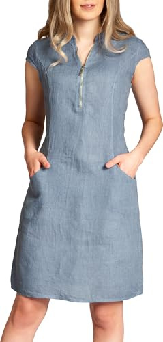 Caspar SKL040 stylisches knielanges Damen Sommer Leinenkleid mit Reißverschluss Ausschnitt