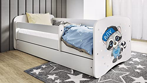 Bjird Kinderbett Jugendbett 70x140 cm Weiß mit Matratze Rausfallschutz Schublade und Lattenrost Kinderbetten für Mädchen und Junge - Waschbär