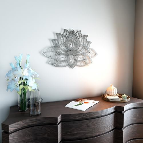 iwa concept 3D Mandala Metall Wanddekoration | Lotusblume Dekoration für Zuhause | Schlafzimmer Metall Wandkunst |Büro Dekor | Wohnzimmer Dekor | Neujahr Geschenk | (36 x 23) | 91 x 59 cm, Silber