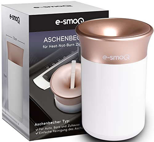 [4 Farben] e-smoQ Geruchsdichter Aschenbecher für Tabak Sticks, Zubehör für Auto mit Deckel, Ashtray kompatibel mit Iqos Heets & Terea (weiß/gold)