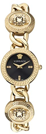 Versace Stud Icon Collection Luxuriöse Damenuhr mit einem goldenen Armband mit einem IP-Gelbgoldgehäuse und einem schwarzen Zifferblatt