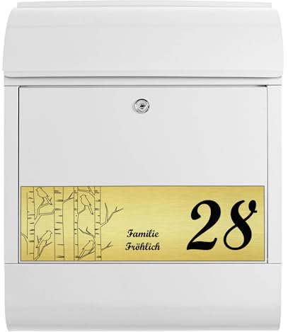 banjado® Briefkasten personalisiert mit graviertem Namensschild in Gold/Briefkasten weiß 39x47x14cm / Briefkasten mit Hausnummer, Namen & Motiv Birken/Briefkasten mit Zeitungsfach