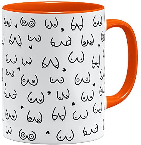 OM3® witzige Doodle Kaffeetasse mit Brüsten - Titten Tasse Brüste-Muster - Keramik Becher - 11oz 325ml - Rundumdruck - Orange