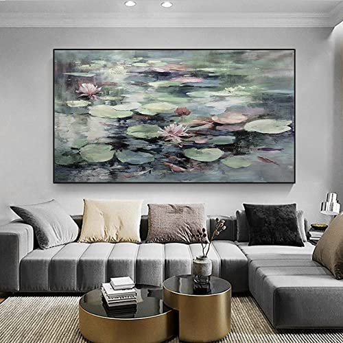 Ölbilder Auf Leinwand Handgemalt,Extra Großes 100 % Handgezeichnetes Strukturiertes Kunstwerk, Abstraktes Lotusteich-Acrylbild, Ungerahmt, Pop-Cool-Gemälde, Kunstwand, Wohnzimmer, Schlafzimmer, Ga