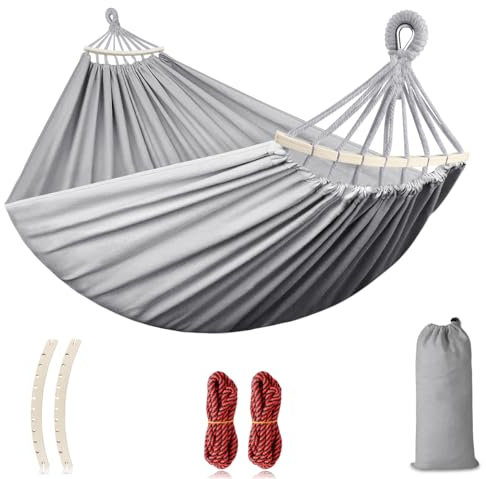 Hamaca Colgante Tela con Travesaños de Madera, 275 x 155 cm Hamaca Jardin Exterior Hamaca Camping, Capacidad de Carga de 250 kg