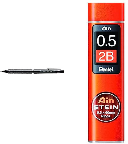 Pentel PP3005-A ORENZNERO Druckbleistift mit automatischem Minenvorschub, bruchsichere Mine, schwarzes Metallgehäuse, 0,5mm & C275-2BO AIN STEIN Feinmine, 0.5 mm, Härtegrad 2B oder 40 Minen