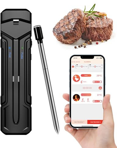 Vicalo Termometro intelligente per carne, portata 150 m, con doppi sensori e Bluetooth, impermeabile, per arrosti, forno, barbecue, nero