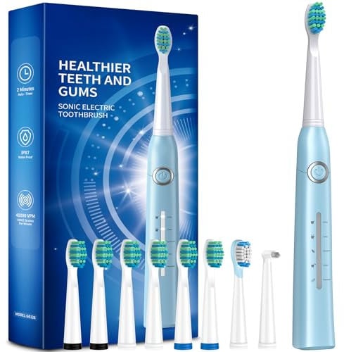 Electric Toothbrush for Adult, Sonic Toothbrushes with 8 Brush Heads 40000 VPM 5 Modes, Sonic Toothbrushes Fast Rechargeable 4 Hours Last 30 Days (P1, Lightblue)