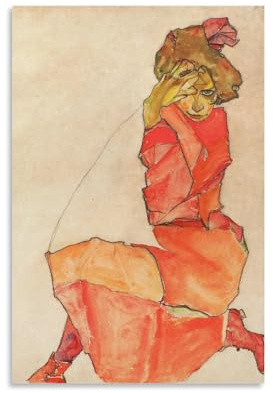 Egon Schiele Kunstposter mit kniender Frau in orange-rotem Kleid von Egon Schiele, Kunstwerk, Poster, Wandkunst, Geschenke, Schlafzimmer, Heimdekoration, hängendes Bild, Leinwand, Gemälde, 60 x 90 cm