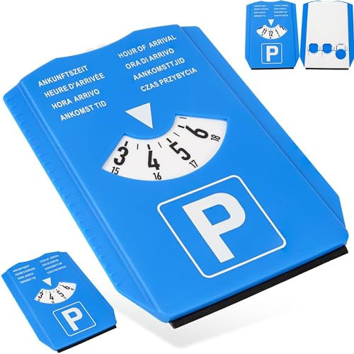 Parkscheibe mit Eiskratzer, 2 Stück, in Blau, acht Sprachen, Parkuhr Set mit Reifenprofilmesser und Einkaufswagenchip, für Auto, LKW, Wohnmobil, Parking Disc Blue, Parkkarte, Park Scheibe Ankunftszeit