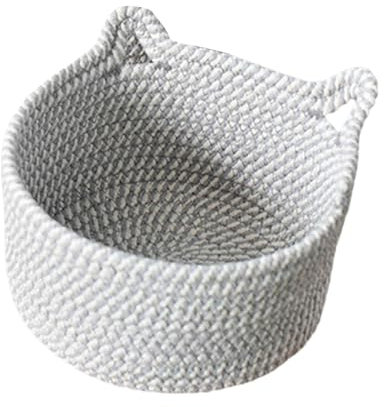 Tuelaly Space-saving Woven Basket Bohemian Style Storage Small Cotton Rope Cat Ear Decor Cute Bin for Dog Pet Toys Cosmetics Snacks Braided Design Rustic Light Grey