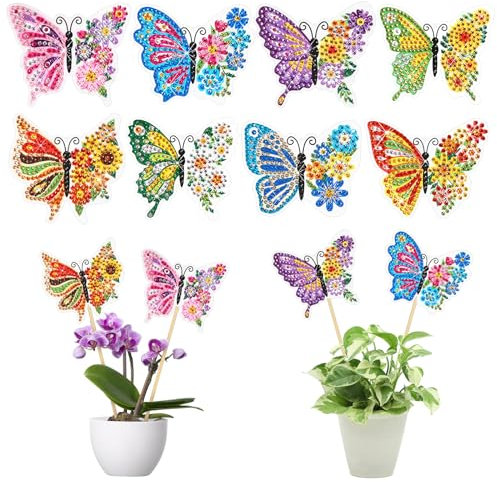 HONMOK 8pcs Schmetterling Diamond Painting Set, DIY Diamant Malerei Garten Dekoration, Schmetterling Kunsthandwerk Bastelset, Schmetterling Stakes Diamant Kunst Kits Frühling Gartendeko