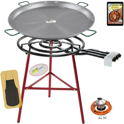 COMBOI Kit Quemador Paellero de gas butano 70 CM, Paellera de 90 CM, Regulador de gas, Manguera, Soporte Patas reforzadas, Nivel, Delantal, Libro de Recetas Digital (Kit Paellero 70 cm)