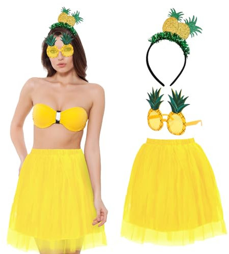LAMEK 3Tlg Ananas Kostüm Set Hawaii Party Accessoires mit Anana Haarreif Sonnenbrille Rock Hula Partyskostüm für Damen Sommer Tropische Party Beachparty Strandtanz