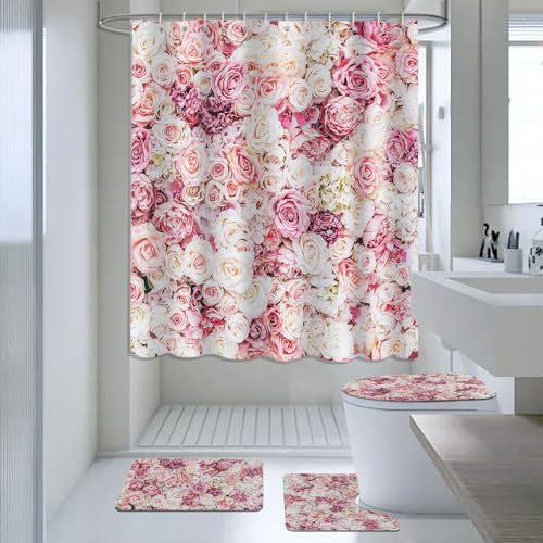 AIBIIN Pink Flowers Wall Shower Curtain Sets 4 Piece Sweet Rose Floral with Non-Slip Rugs Toilet Lid Cover and Bath Mat Flower Bath Curtains for Bathroom Decor with 12 Hooks