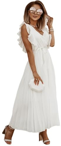 HEYPORK Damen Frühling Sommer Kleider Bequem Lässig Kleid Mode Elegant Röcke Frauen Temperament Langes Kleid Geraffte Ärmel Chiffon Faltenrock Feste Farbe Kleider(Weiß, 2XL)