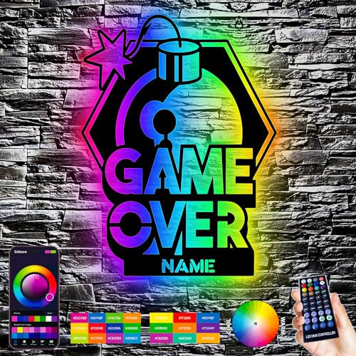 LEON FOLIEN RGB Led Gaming Schild - Game Over Gaming Zone - Gamer Geschenkidee personalisiert Mit Name Wand Lampe - Zimmer Deko - Besondere Geschenke für Videospiel Fans - USB Bedienung über die App