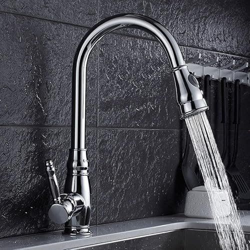 ZYCDP Mitigeur Cuisine Vintage Laiton avec Douchette, Robinet Cuisine Rotatif à 360° Monocommande Eau Chaude et Froide Chrome