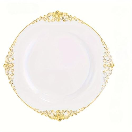 Juego de 25 platos redondos de plástico para ensalada de postre de 19 cm, color blanco, negro y rosa, platos de plástico reutilizables de 26 cm, con hoja en relieve, borde dorado (dorado, 26 cm)