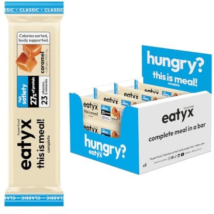 eatyx Protein Riegel - Karamell 8x60 g mit 3100 mg Kollagen - 16,5g Eiweiß, Glutenfrei, 23 Vitamine - Vollwertiger Mahlzeitenersatz als Eiweißriegel für Haut, Haare und Nägel