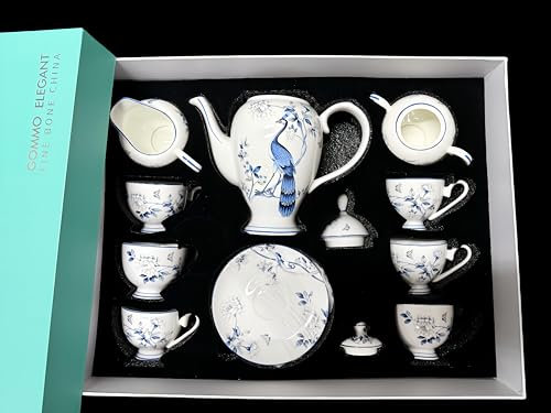 GOMMO Elegant Fine Bone China Teapot Set Serving 6 People Silky White with Lustrous Gold Banding 30oz(4 Cups) (21, Blue Peacock)