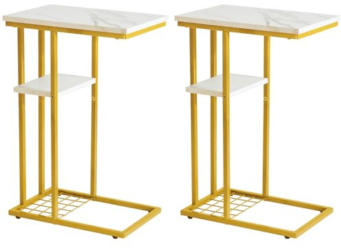 YMYNY Table d’appoint Lot de 2, Bout de Canapé, Table Basse Forme C à 2 Étages, Table à Café, Petite Table Structure en Métal, pour Salon, Chambre, Bureau, Marbre Blanc et Or HST004W-2
