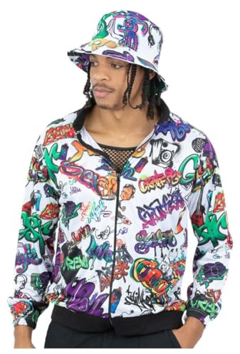 Smiffys 90s Hip Hop Graffiti Jacket for Men, Colourful 1990s Fancy Dress Outfit Street Style Graffiti Print, Retro Urban Party Wear, Old School Rapper Costume Festivals, Halloween Themed Events