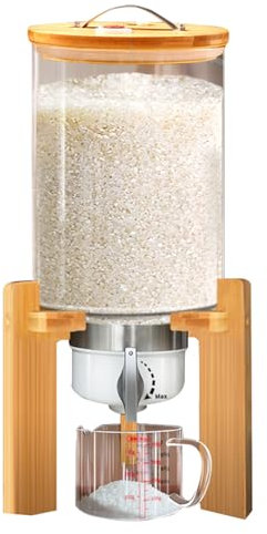 Glass Rice Dispenser with Bamboo Stand and Measuring Cup Kitchen Food Storage Container for Dry Cereals Clear Pantry Organization Bin with Airtight Lid 10L Capacity